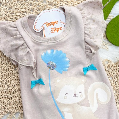 Kit 3 Peças - Bodys Manga Curta Esquilo Flores com Paetê - Off White e Areia